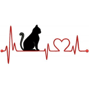 Love Cat EKG Heartbeat Applique Machine Embroidery Design Digitized Pattern
